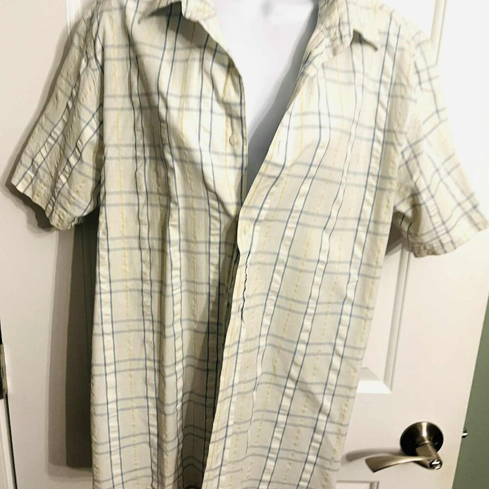 STITCH Beige Blue Plaid Cotton Office Shirt Short Sleeve Size L